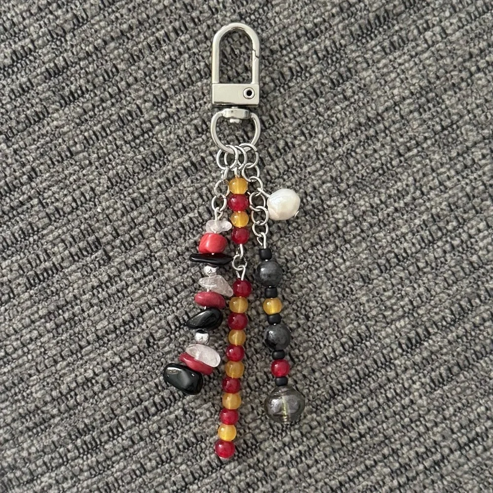 KC Chiefs Football Themed Beaded Bag Charm Keychain Silver Tones and Real Pearl